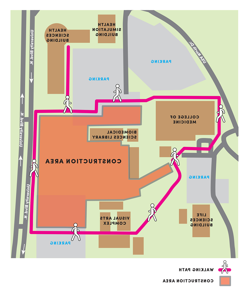 Graphic map presentation of the the new Frederick P. Whiddon College of Medicine construction area located between the following locations: Current College of Medicine, 生命科学大楼, 视觉艺术综合体, 大学大街., Health Sciences Building  and Health Simulation Building.